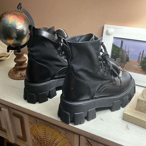 Prada Monolith Leather Nylon Trim Combat Boots - Picture 10 of 17